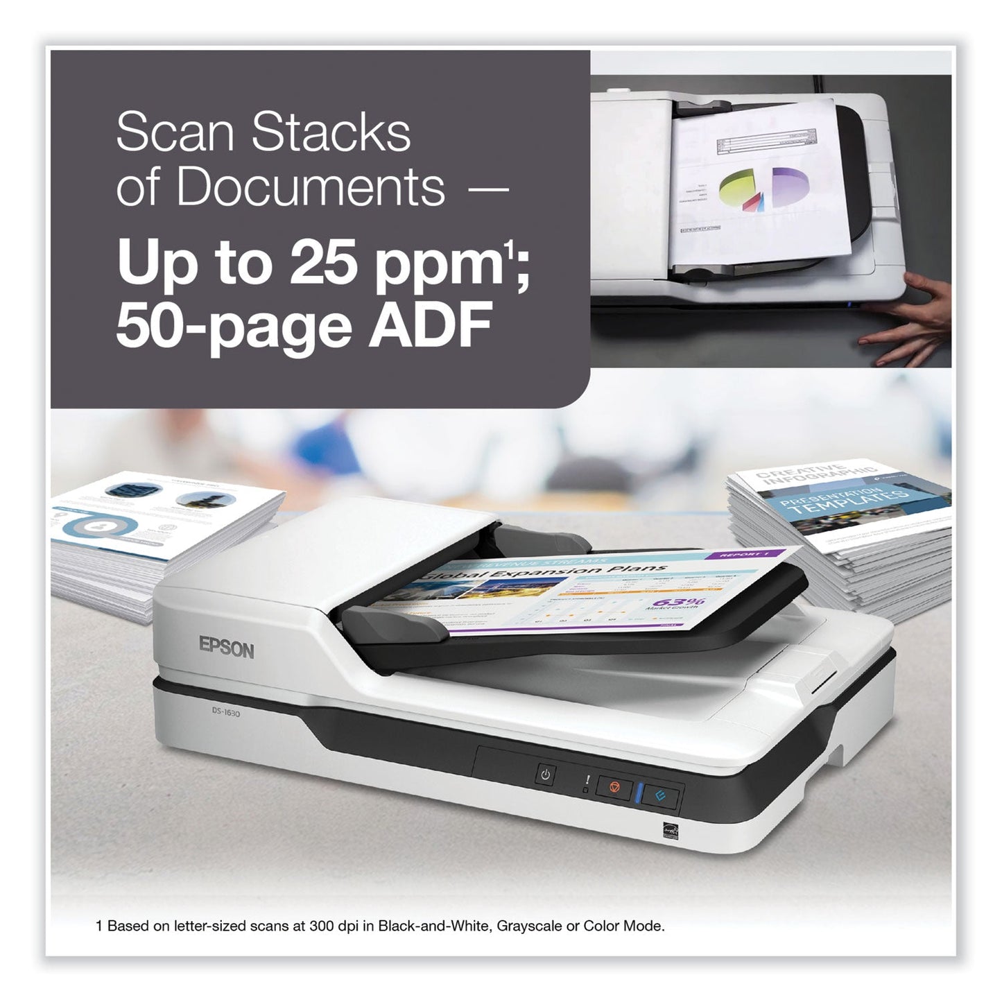 Epson WorkForce DS-1630 Flatbed Color Document Scanner, 1200 dpi Optical Resolution, 50-Sheet Duplex Auto Document Feeder