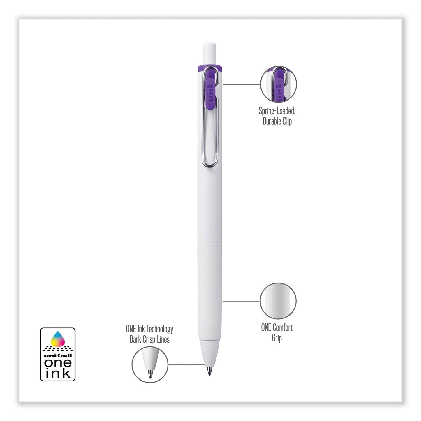 uniball uniONE Gel Pen, Retractable, Medium 0.7 mm, Inspirational Ink-Color Assortment, White Barrel, 8/Pack