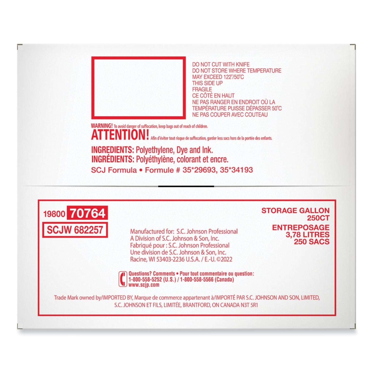 Ziploc Double Zipper Storage Bags, 1 gal, 1.75 mil, 10.56" x 10.75", Clear, 250/Box