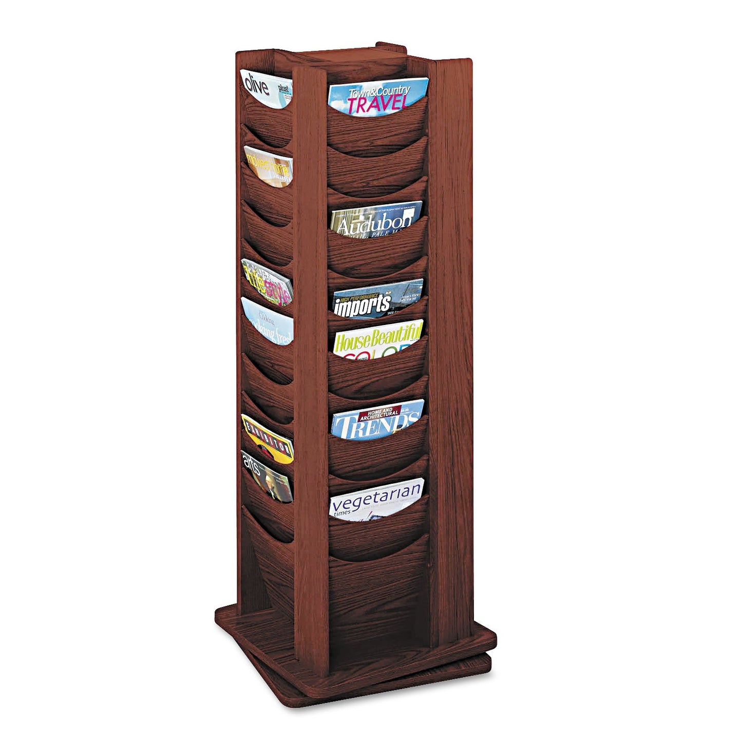 Safco Rotary Display, 48 Compartments, 17.75w x 17.75d x 49.5h, Mahogany