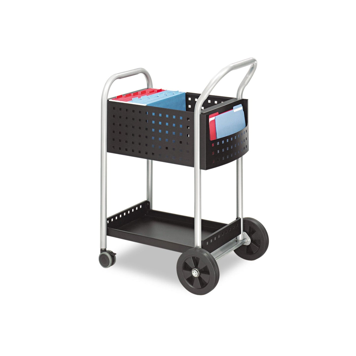 Safco Scoot Dual-Purpose Mail and Filing Cart, Metal, 1 Shelf, 2 Bins, 22" x 27" x 40.5", Black/Silver