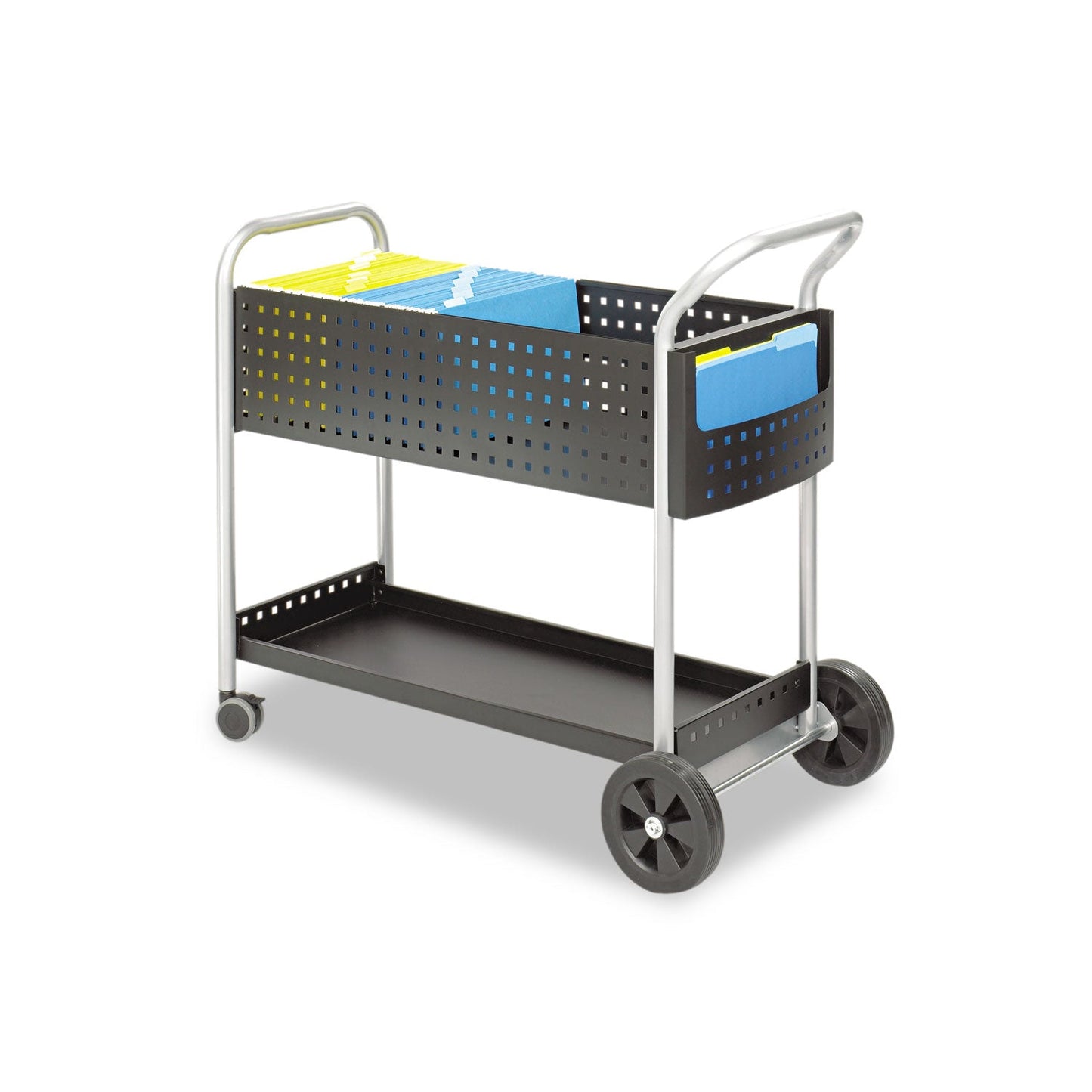 Safco Scoot Dual-Purpose Mail and Filing Cart, Metal, 1 Shelf, 2 Bins, 22.5" x 39.5" x 40.75", Black/Silver