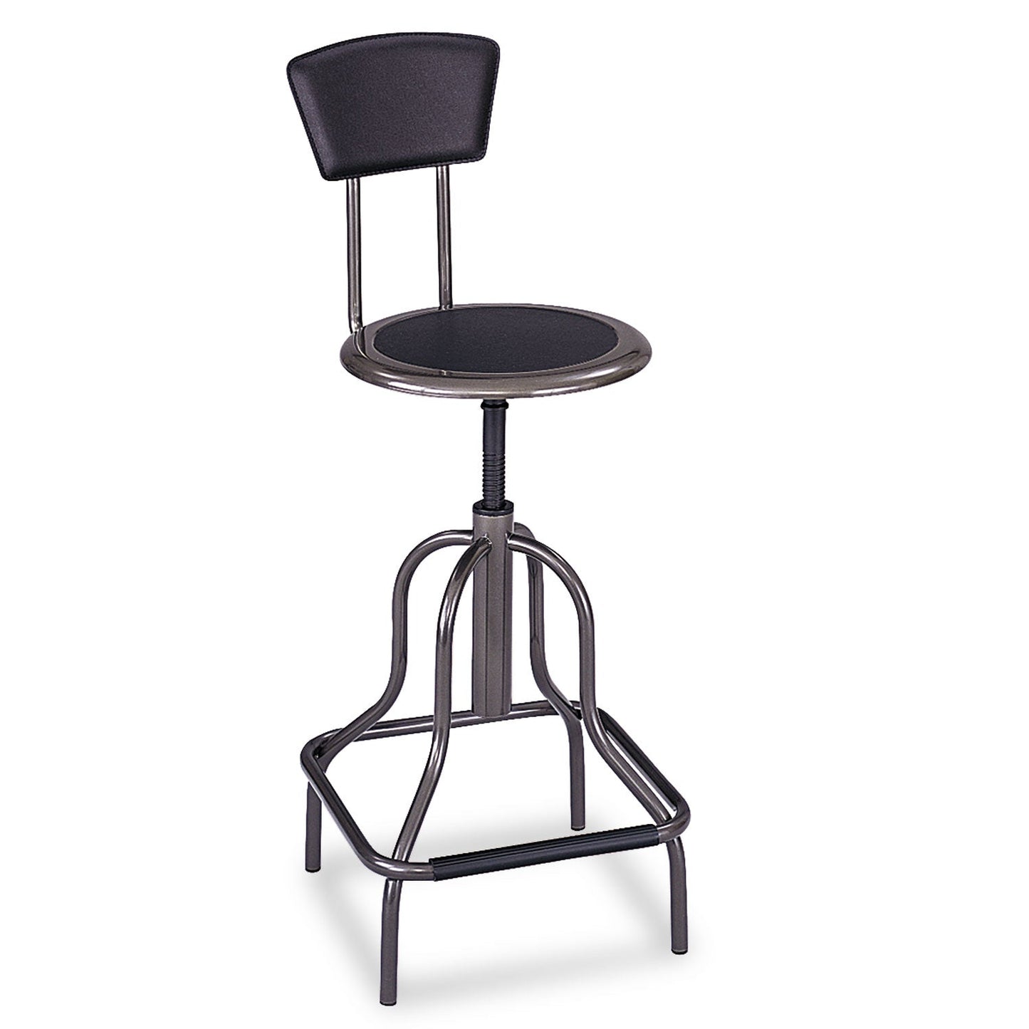 Safco Diesel Industrial Stool with Back, Supports Up to 250 lb, 22" to 27" Seat Height, Black Seat/Back, Pewter Base