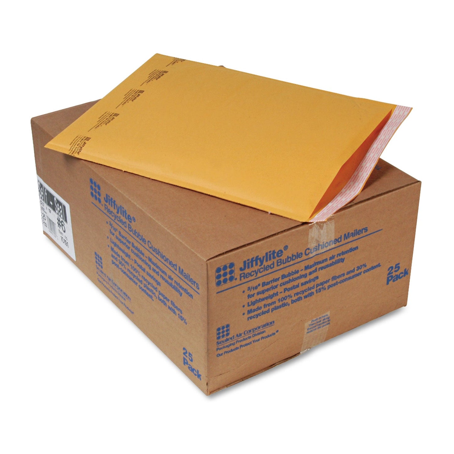 Sealed Air Jiffylite Self-Seal Bubble Mailer, #6, Barrier Bubble Air Cell Cushion, Self-Adhesive Closure, 12.5 x 19, Brown Kraft, 25/CT