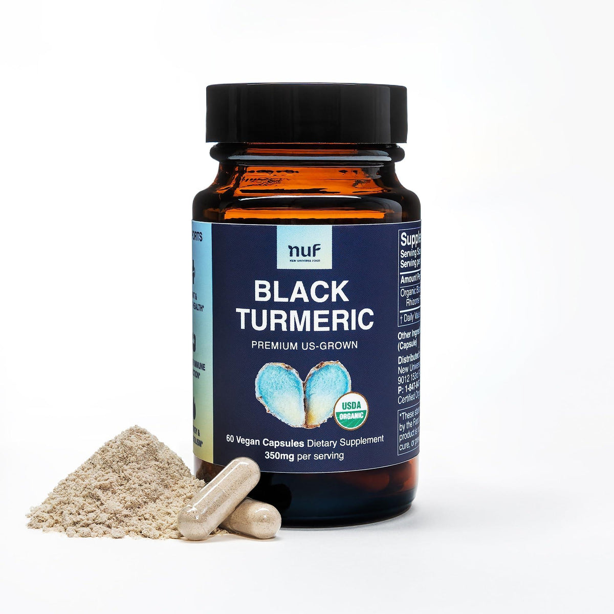 NUF Organic Black Turmeric 350mg Whole Root Vegan Capsules US Grown Gluten Free Non GMO Joint Support Healthy Inflammatory Response Proper Immune Function