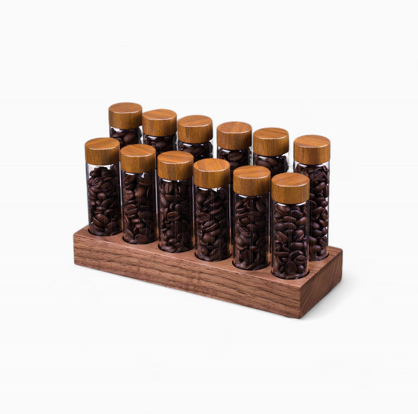 Coffee Bean Storage Tubes With Walnut Wood Base