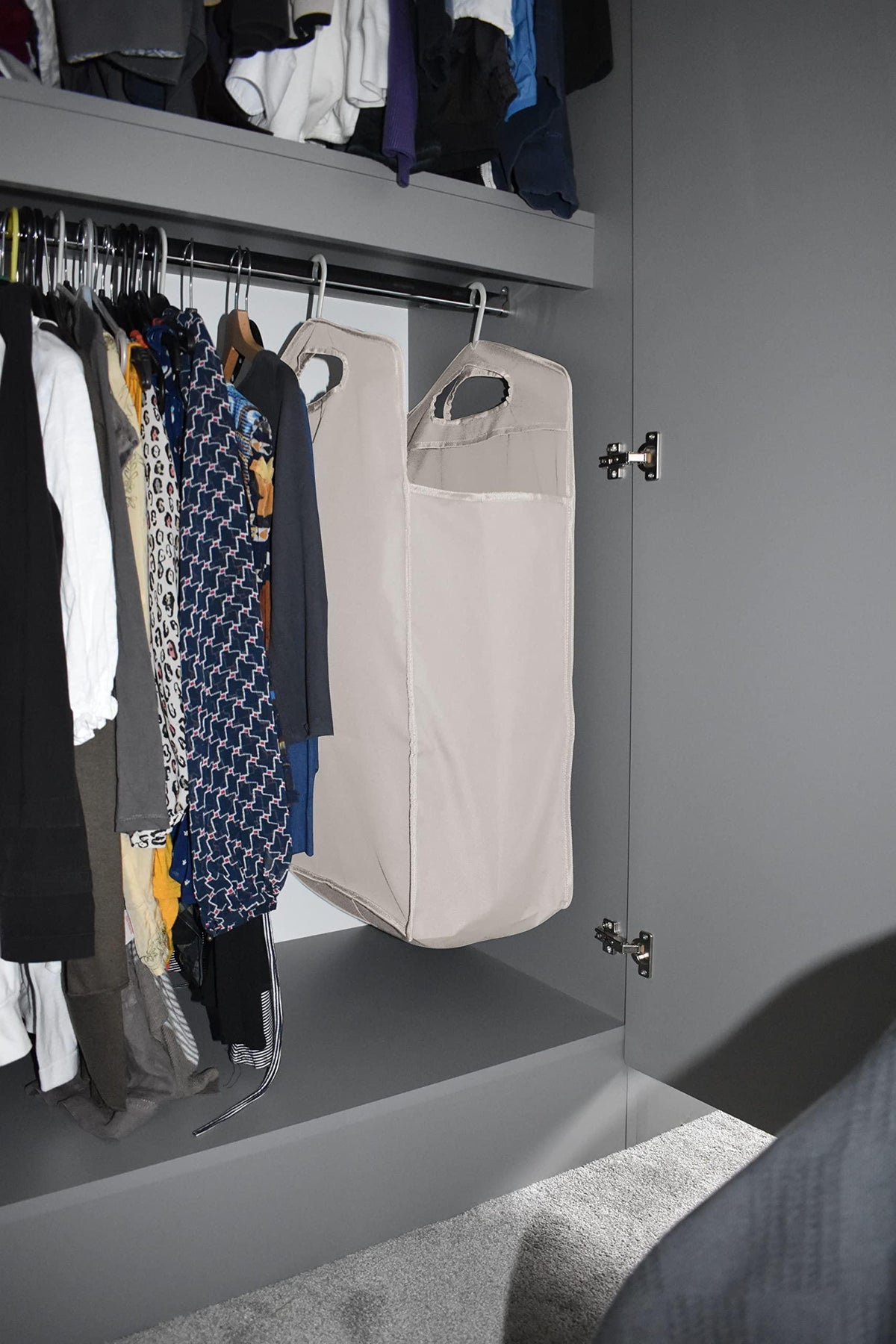The Fine Living Co. Hanging Laundry Hamper Bag for Closet Heavy Duty Hanging Closet hamper Closet Laundry Basket with 2 Strong Metal Hangers Space Saving Closet Hamper Organizer (Beige)
