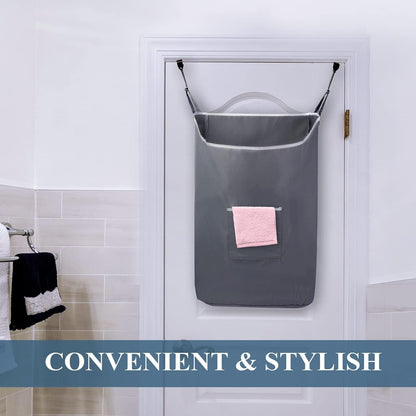 The Fine Living Co. X Large Hanging Laundry Hamper with Over Door Hooks & Adhesive Durable Space Saving Laundry Bag with Zipper and Wide Open TopHanging Dorm Laundry Hamper 20 x3.75 x31  (Grey XL)