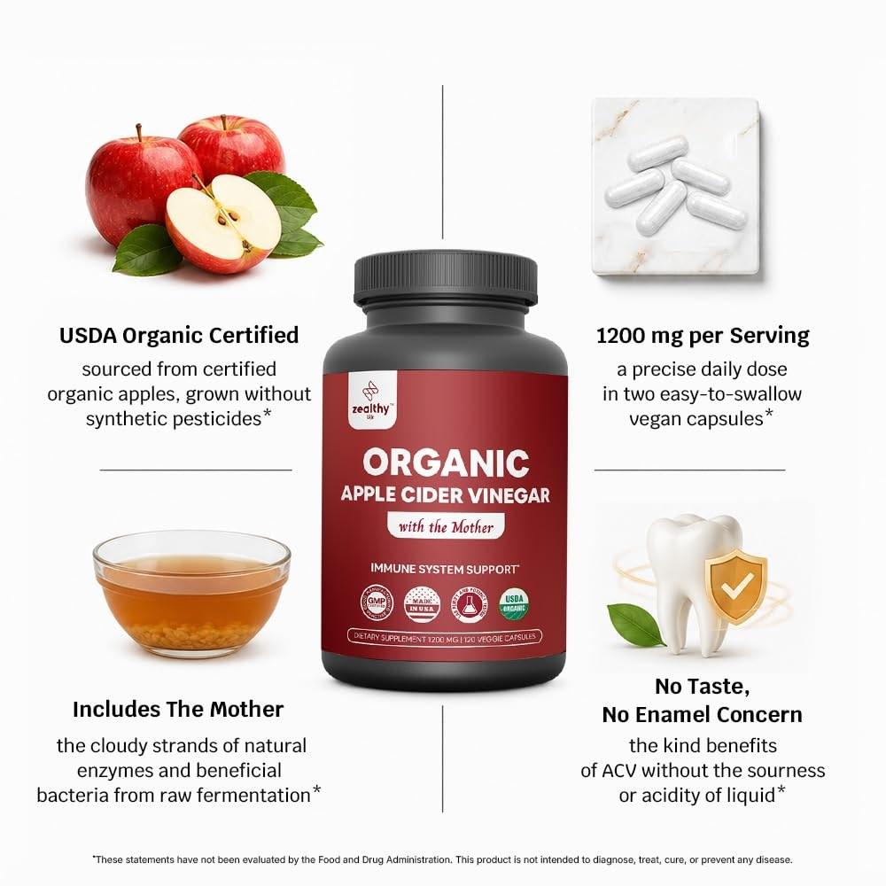 Organic Apple Cider Vinegar with The Mother – 1200mg Capsules for Optimal Wellness, GlutenFree, NonGMO, 120 Veggie Capsules – Zealthy Life