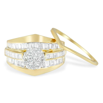 14K Yellow Gold 2-1/3 Cttw Diamond Cluster Channel Set Chevron Shaped Band Engagement Ring & Wedding Band Set