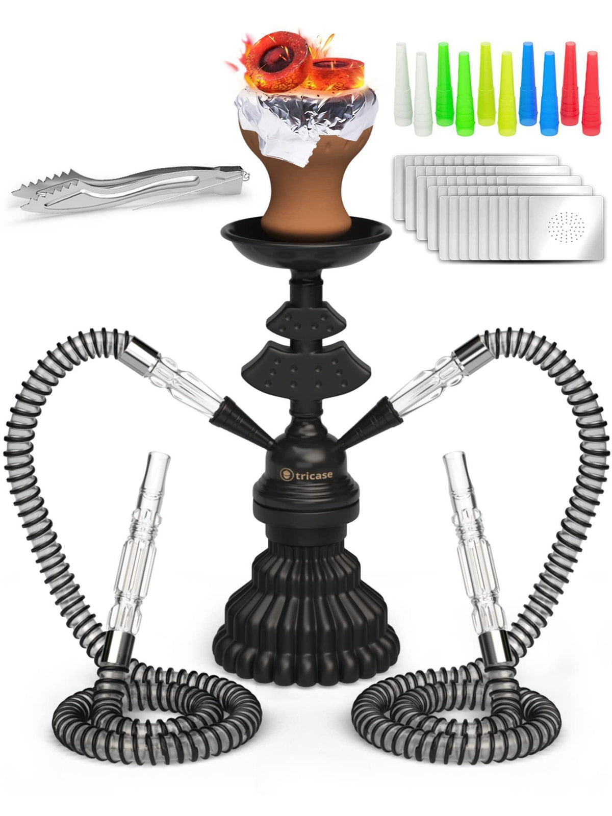 Hookah Set 2 Hose Hookah – LilOne 12” Black Mini Hookah 2 Hose Hookah Set with 50x Foil Hookah Bowl 10x Tips 2x Mouthpiece 2x Hookah Hose Tongs Portable Hookah set with everything Hookah Kit