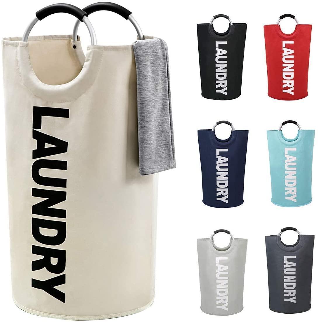 82L Large Laundry Basket Beige Collapsible Hamper with Handles Double Layer Waterproof Fabric Dirty Clothes Basket Foldable Freestanding Bin Laundry Hamper for Dorm Bathroom & Bedroom