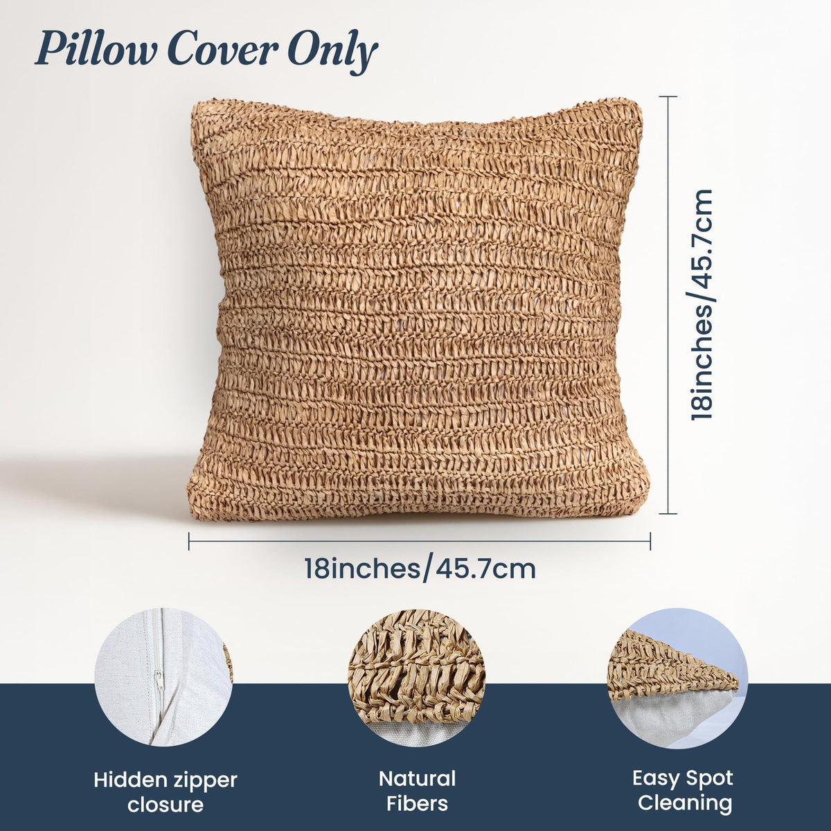Raffia Hand Knitted Pillow Cover 18x18 inch Boho Decorative Cushion Cover for Couch Sofa or Bed Rustic Natural Throw Pillow Case 1pc