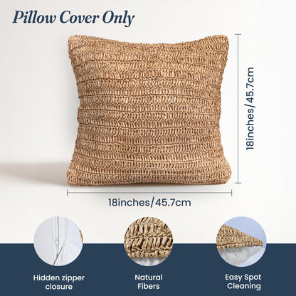 Raffia Hand Knitted Pillow Cover 18x18 inch Boho Decorative Cushion Cover for Couch Sofa or Bed Rustic Natural Throw Pillow Case 1pc