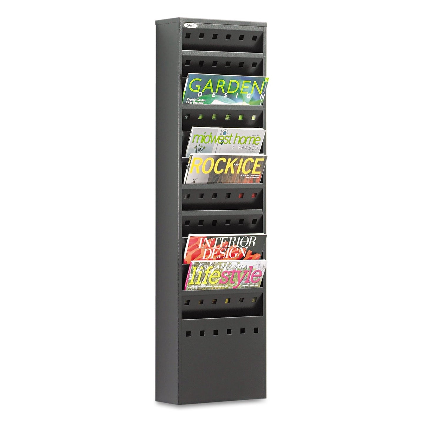 Safco Steel Magazine Rack, 11 Compartments, 10w x 4d x 36.25h, Black