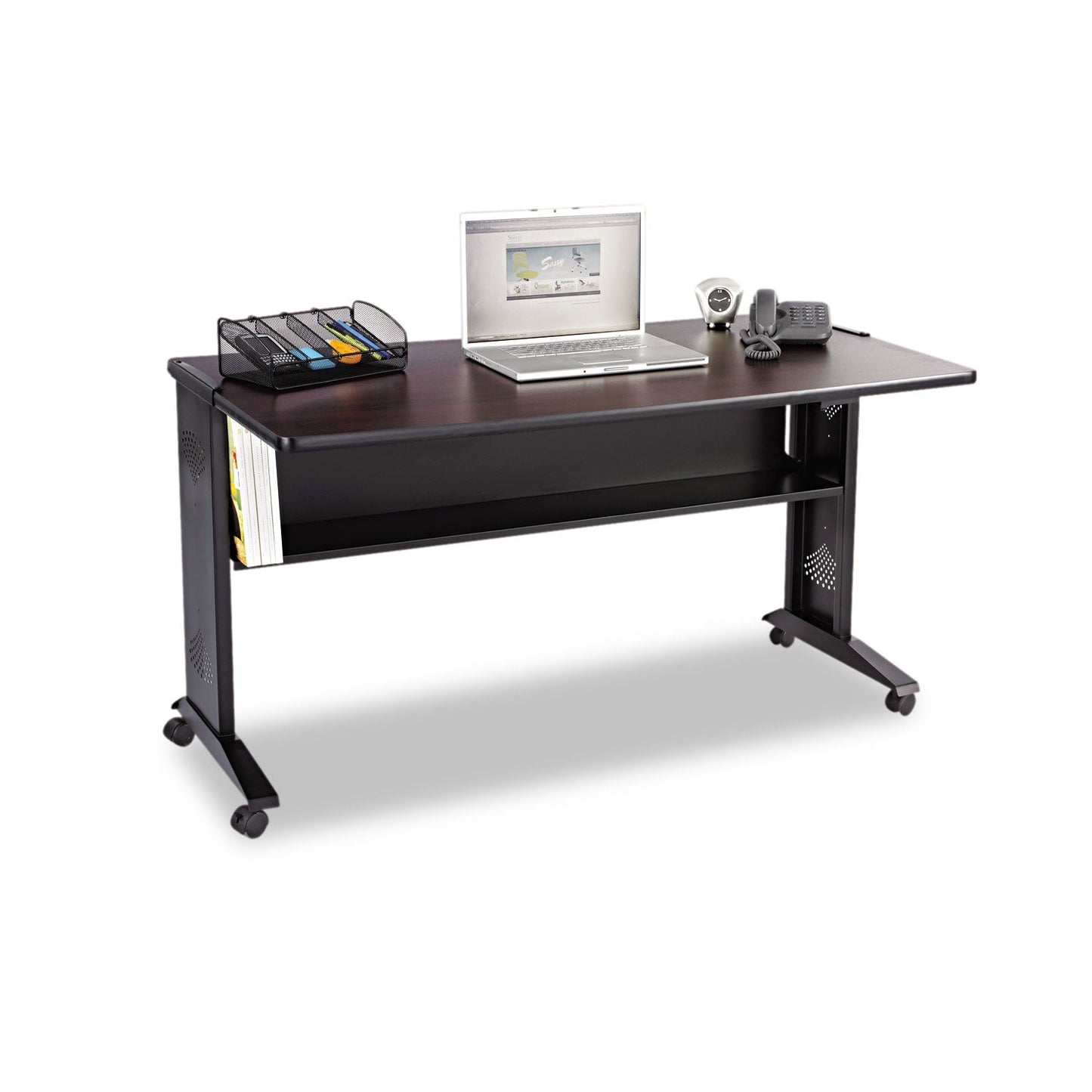 Safco Mobile Computer Desk with Reversible Top, 53.5" x 28" x 30", Mahogany/Medium Oak/Black