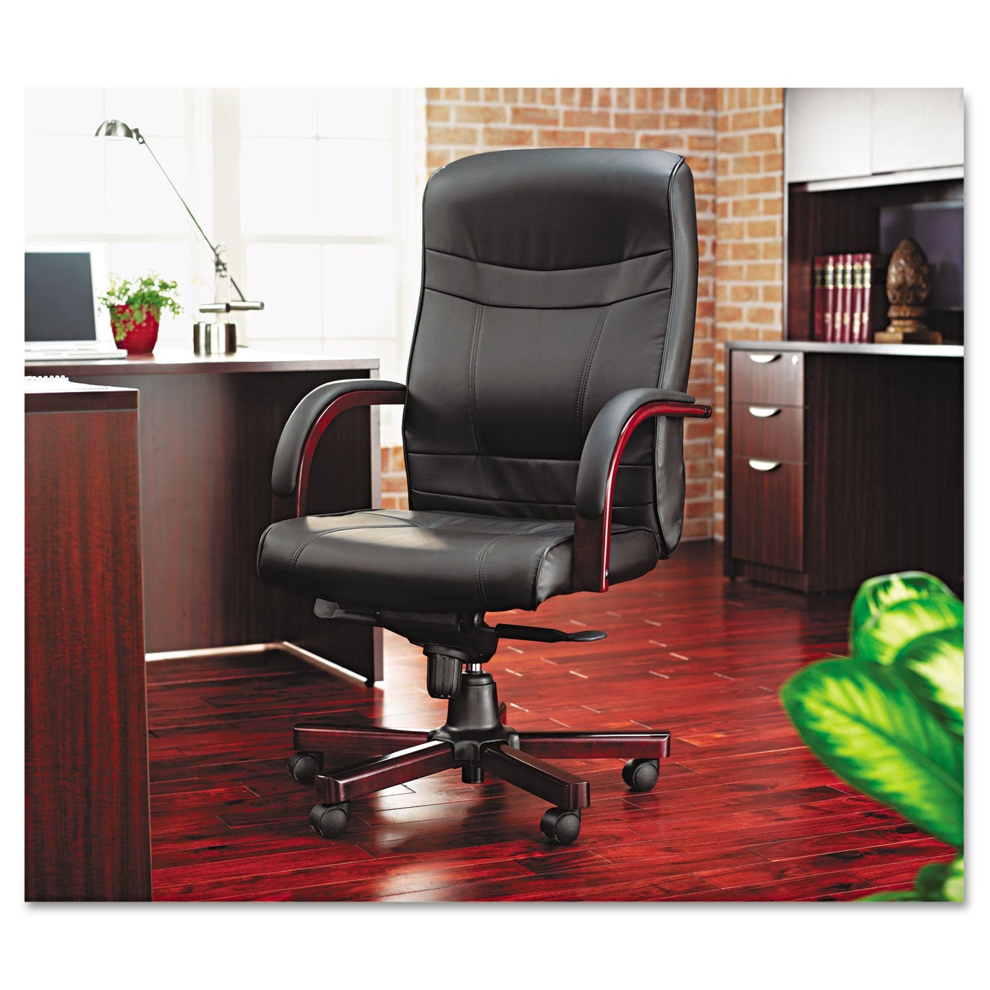 Alera Madaris Series High-Back Knee Tilt Bonded Leather Chair,Wood Trim, Supports Up to 275 lb, Black Seat/Back,Mahogany Base