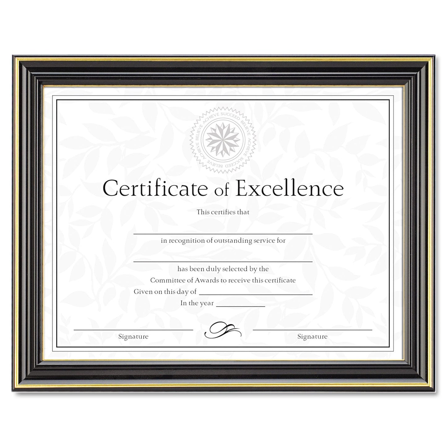 DAX Gold-Trimmed Document Frame with Certificate, Plastic/Glass, 8.5 x 11, Black