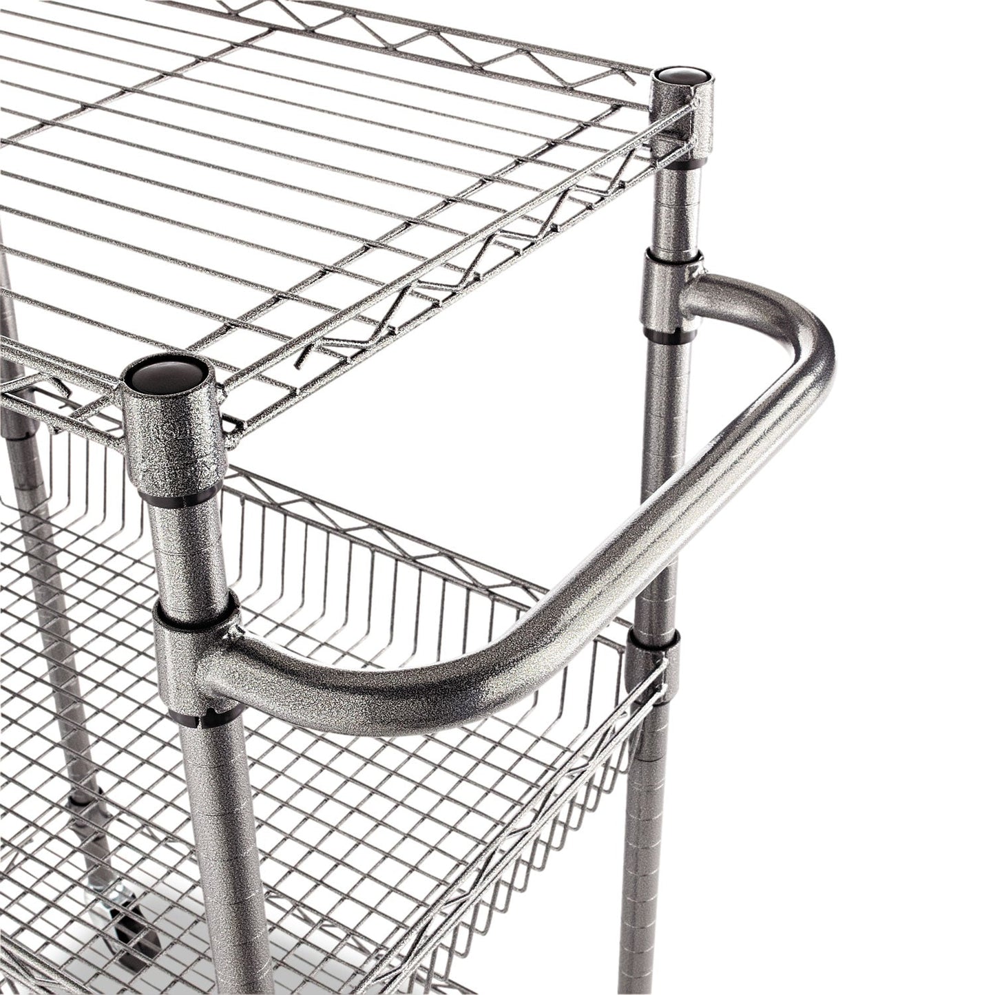 Alera Three-Tier Wire Cart with Basket, Metal, 2 Shelves, 1 Bin, 500 lb Capacity, 28" x 16" x 39", Black Anthracite