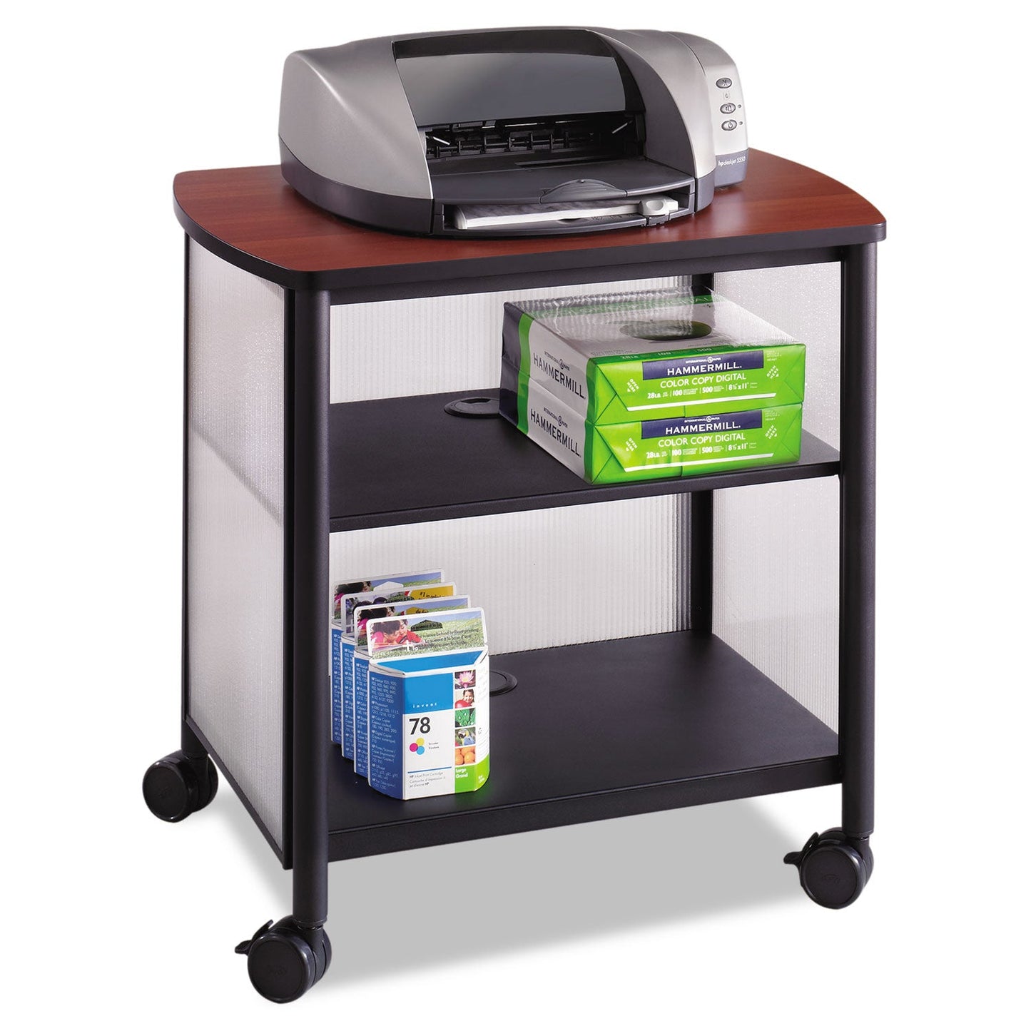 Safco Impromptu Deskside Machine Stand, Metal, 3 Shelves, 100 lb Capacity, 26.25" x 21" x 26.5", Cherry/White/Black