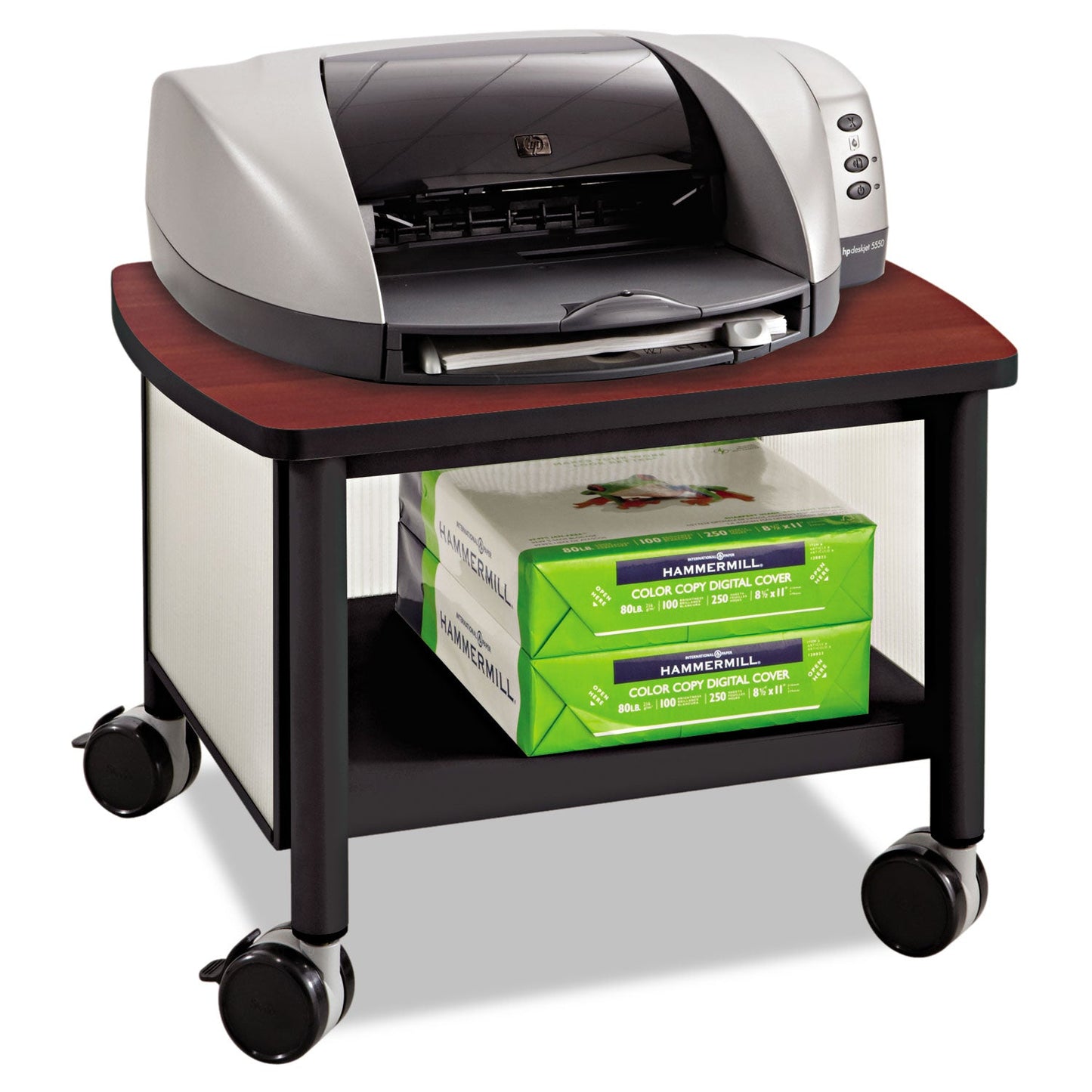Safco Impromptu Under-Desk Machine Stand, Metal, 2 Shelves, 100 lb Capacity, 20.5" x 16.5" x 14.5", Cherry/White/Black