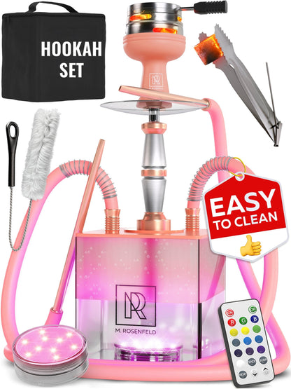 Rose Gold Hookah Set with Everything – Hookah Set 2 Hose with LED Base, Easy Setup, and Large Cloud Performance Hookah Machine  Premium Shisha 2 Hose for Home & Parties