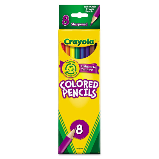 Crayola Long-Length Colored Pencil Set, 3.3 mm, 2B (#1), Assorted Lead/Barrel Colors, 8/Pack