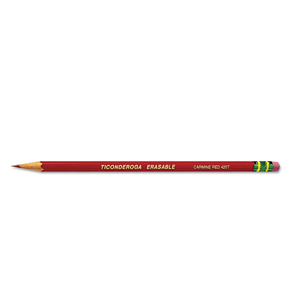 Ticonderoga Erasable Colored Pencils, 2.6 mm, 2B (#1), Carmine Red Lead, Carmine Red Barrel, Dozen