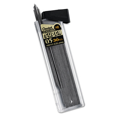Pentel Super Hi-Polymer Lead Refills, 0.5 mm, HB, Black, 30/Tube