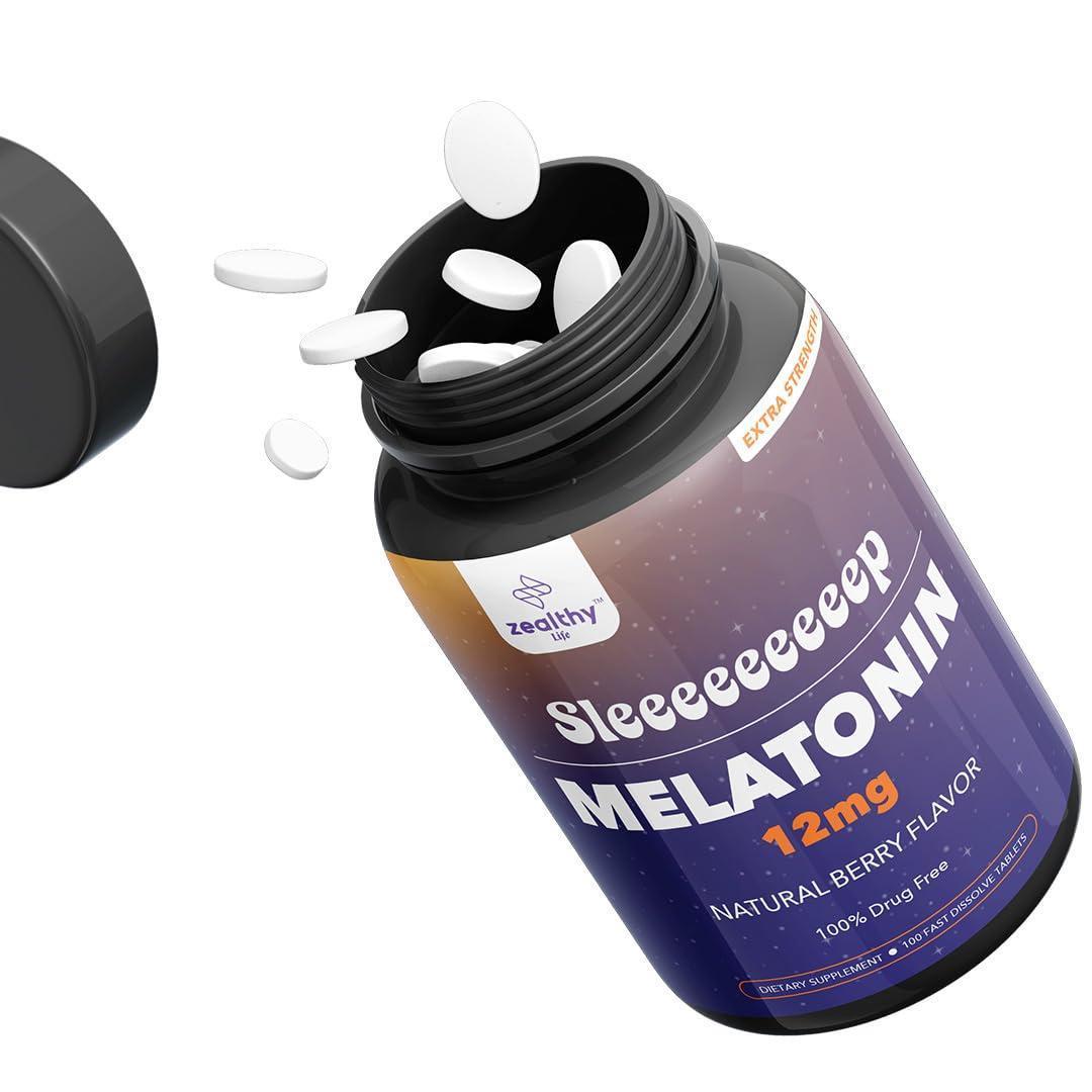 Melatonin 12mg Fast Dissolve Tablets – Natural Berry Flavor 100 Count – Extra Strength Sleep Support for Adults – Non Habit Forming 100 Day Supply