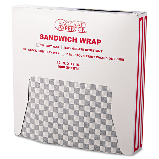 Bagcraft Grease-Resistant Paper Wraps and Liners, 12 x 12, Black Check, 1,000/Box, 5 Boxes/Carton