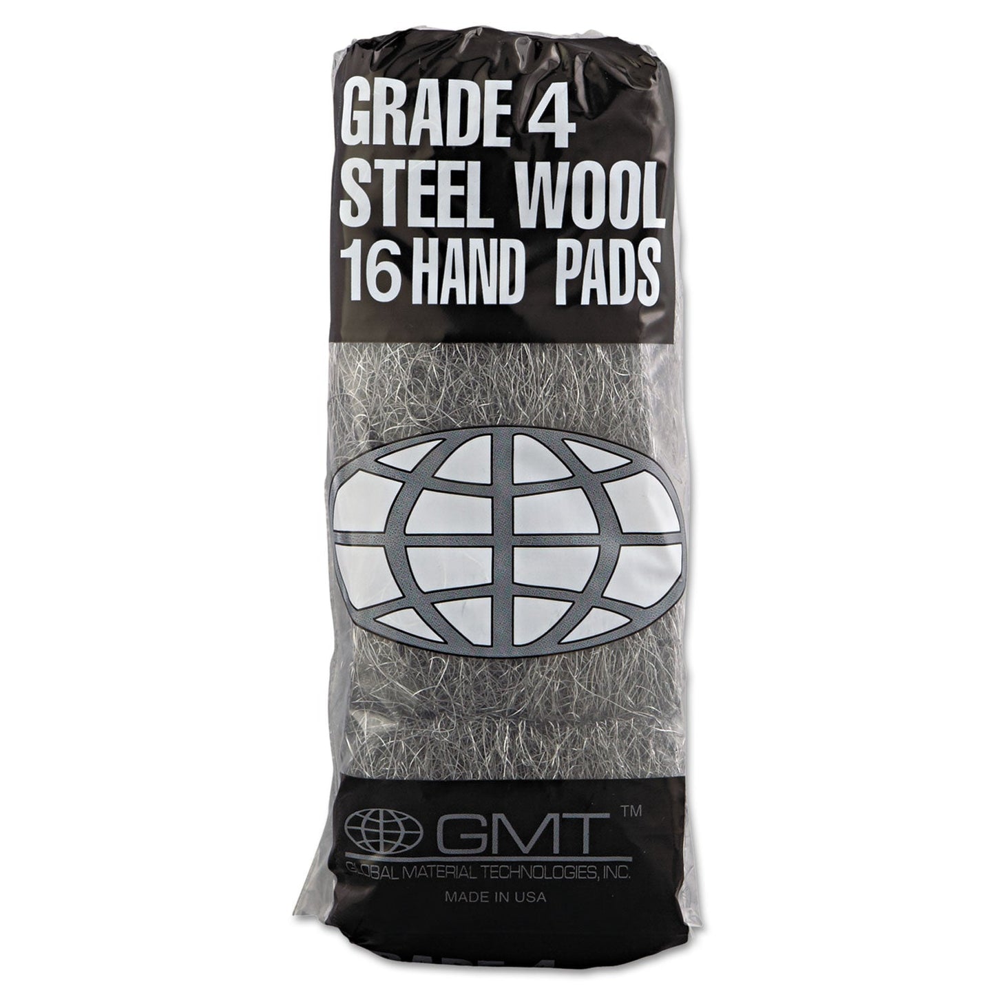 GMT Industrial-Quality Steel Wool Hand Pads, #4 Extra Coarse, Steel Gray, 16 Pads/Sleeve, 12 Sleeves/Carton