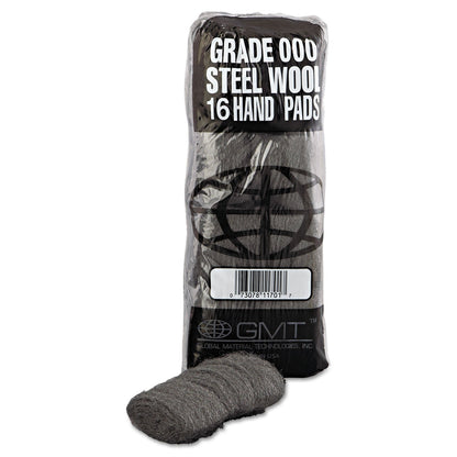 GMT Industrial-Quality Steel Wool Hand Pads, #000 Extra Fine, Steel Gray, 16 Pads/Sleeve, 12 Sleeves/Carton
