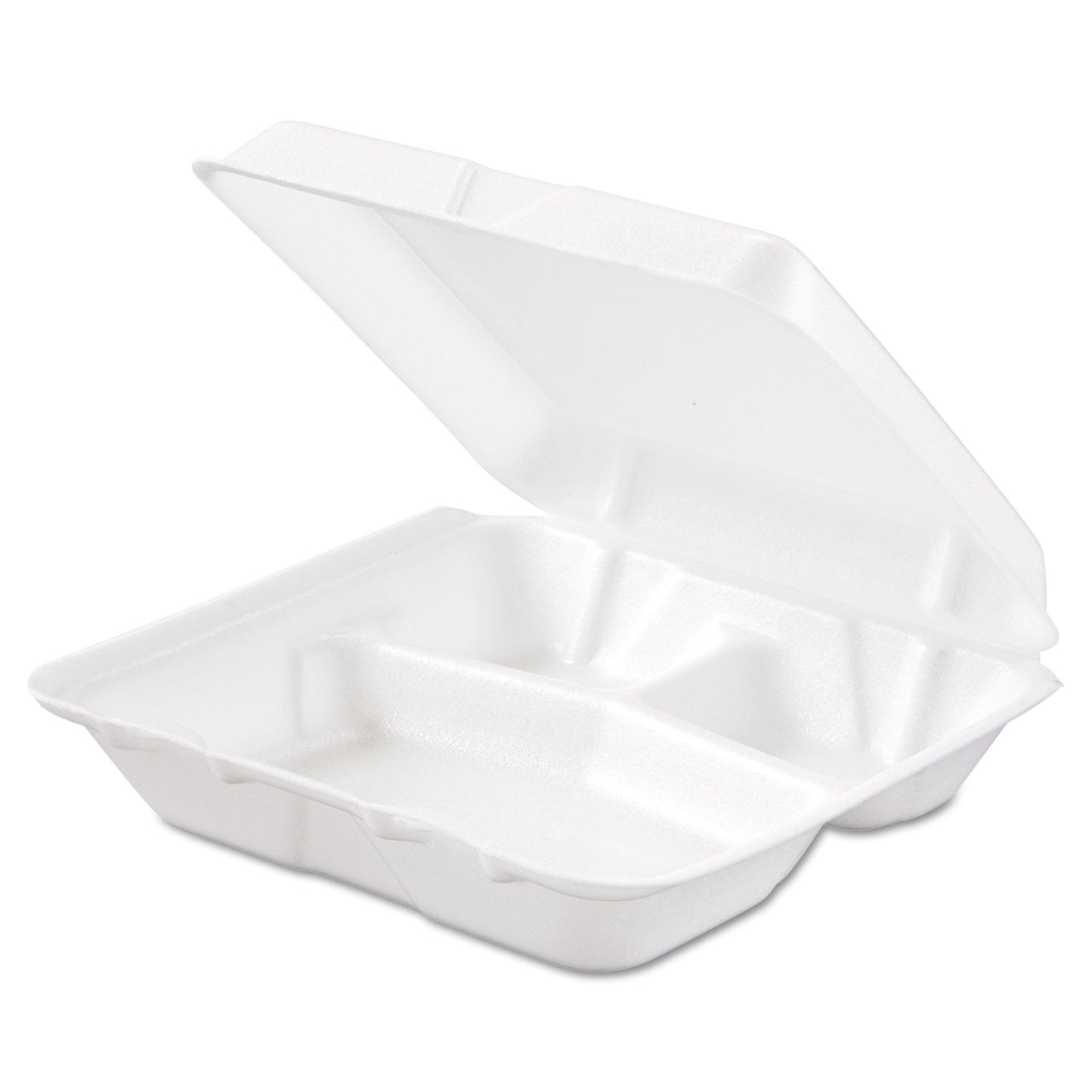 Dart Foam Hinged Lid Containers, 3-Compartment, 7.5 x 8 x 2.3, White, 200/Carton
