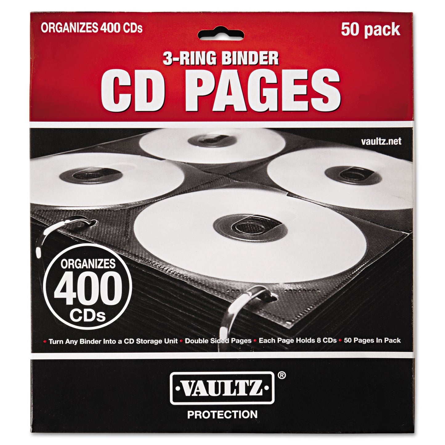 Vaultz Two-Sided CD Refill Pages for Three-Ring Binder, 8 Disc Capacity, Clear/Black, 50/Pack