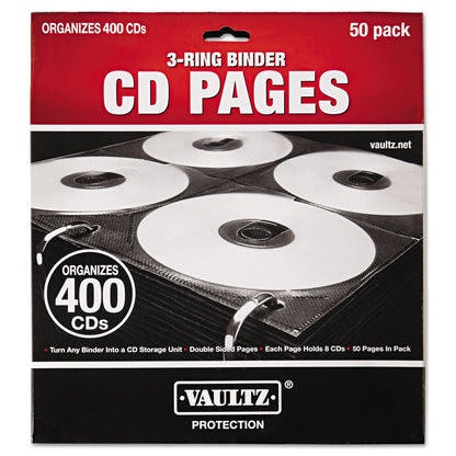 Vaultz Two-Sided CD Refill Pages for Three-Ring Binder, 8 Disc Capacity, Clear/Black, 50/Pack