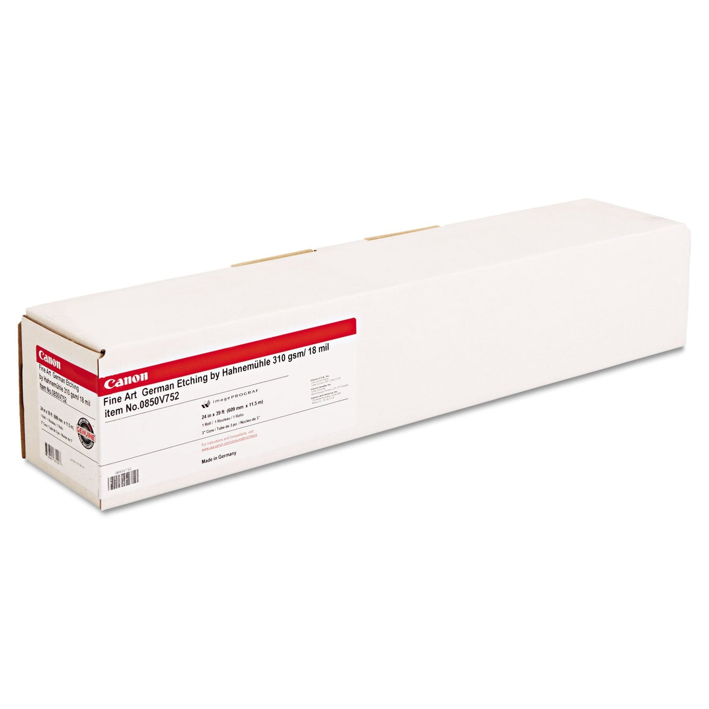 Canon German Etching by Hahnemuhle Paper, 3" Core, 18 mil, 24" x 39 ft, Textured White