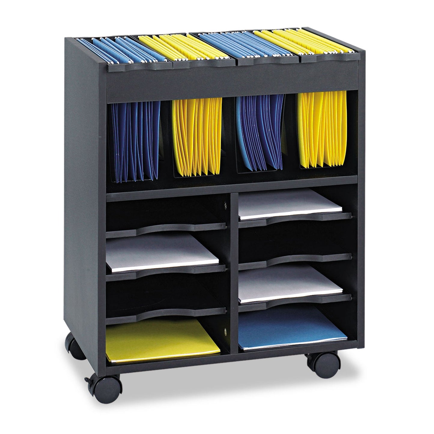 Safco Go Cart Mobile File, Engineered Wood, 8 Shelves, 4 Bins, 14.5" x 21.5" x 26.25", Black