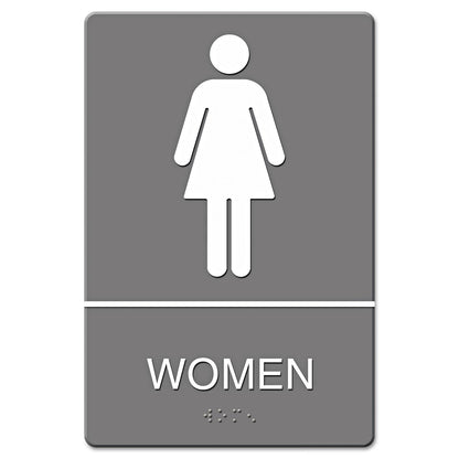Headline ADA Sign, Women Restroom Symbol w/Tactile Graphic, Molded Plastic, 6 x 9, Gray
