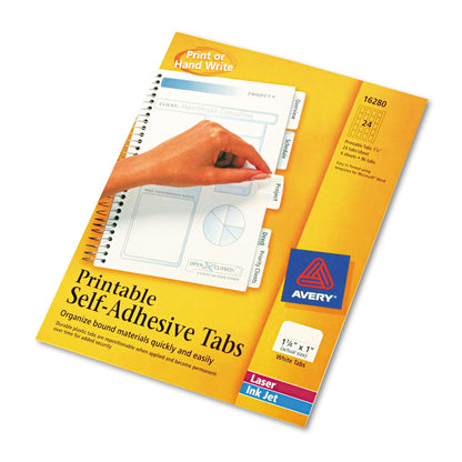 Avery Printable Plastic Tabs with Repositionable Adhesive, 1/5-Cut, White, 1.25" Wide, 96/Pack