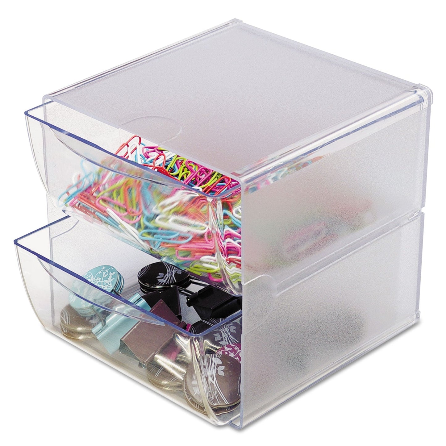 deflecto Stackable Cube Organizer, 2 Compartments, 2 Drawers, Plastic, 6 x 7.2 x 6, Clear