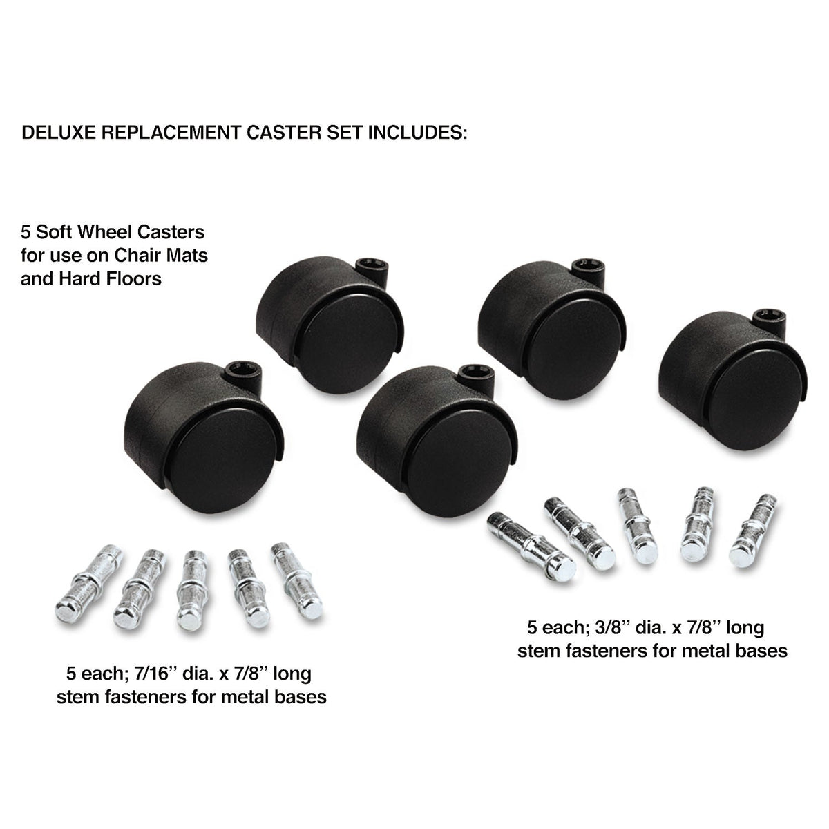 Master Caster Deluxe Duet Casters, Grip Ring Type B and Type K Stems, 2" Soft Polyurethane Wheel, Matte Black, 5/Set