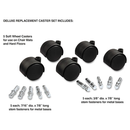 Master Caster Deluxe Duet Casters, Grip Ring Type B and Type K Stems, 2" Soft Polyurethane Wheel, Matte Black, 5/Set