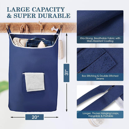 Fine Living Co. Large Hanging Laundry Hamper with Over Door Hooks & Adhesive Durable Space Saving Laundry Bag with Zipper and Wide Open Top Hanging Dorm Laundry Hamper (Navy Blue XL)