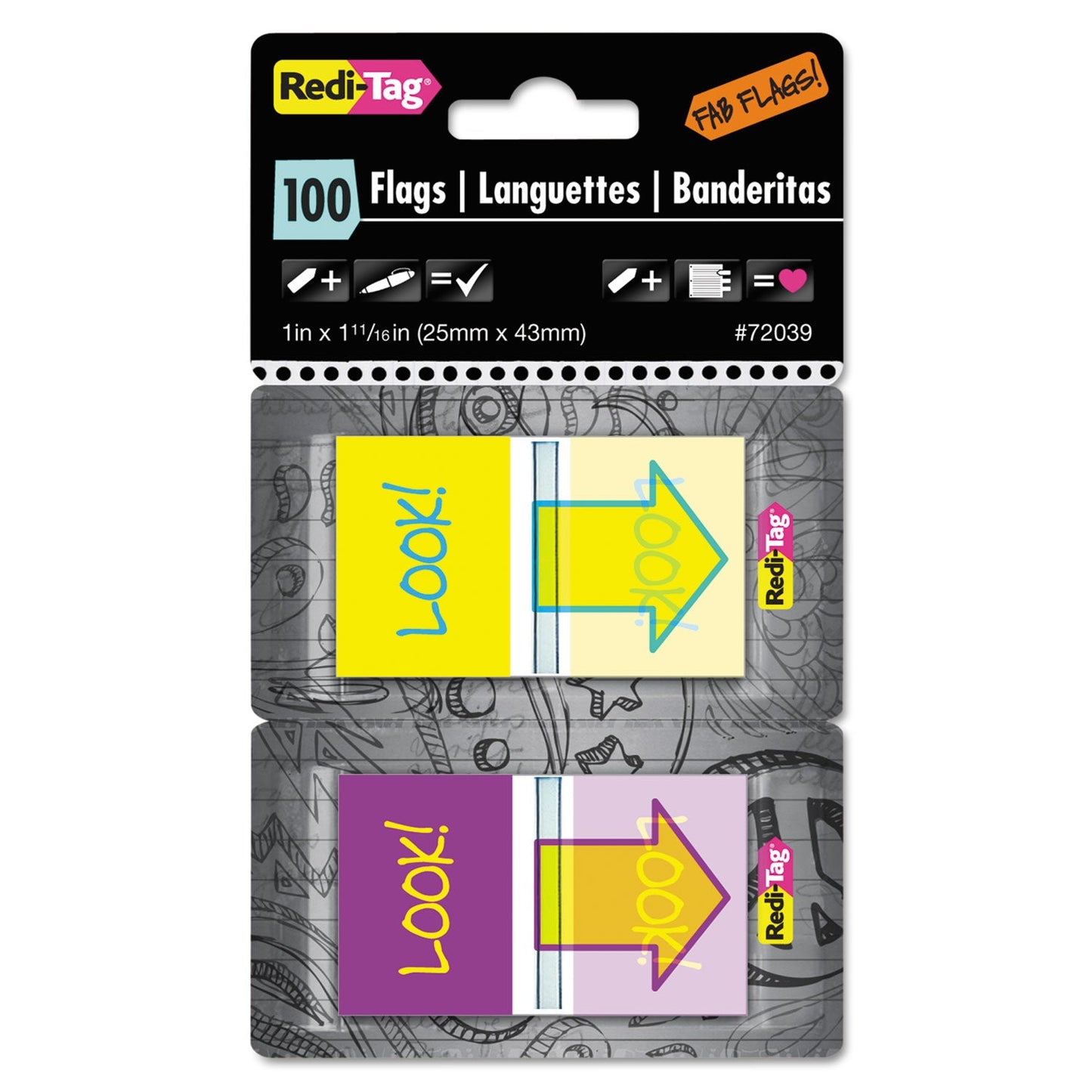 Redi-Tag Pop-Up Fab Page Flags w/Dispenser, "Look!", Purple/Yellow; Yellow/Teal, 100/Pack