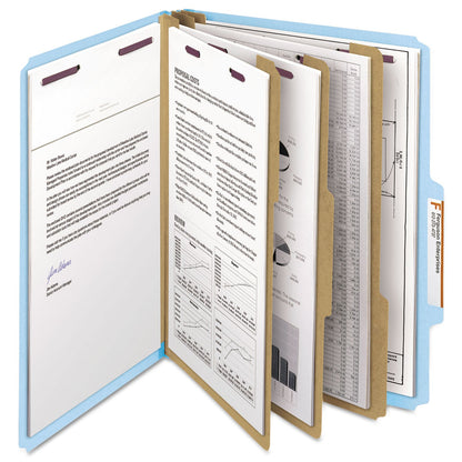 Smead Eight-Section Pressboard Top Tab Classification Folders with SafeSHIELD Fasteners, 3 Dividers, Letter Size, Blue, 10/Box