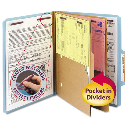Smead 6-Section Pressboard Top Tab Pocket-Style Classification Folders with SafeSHIELD Fasteners, 2 Dividers, Letter, Blue, 10/Box