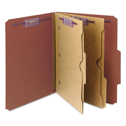 Smead 6-Section Pressboard Top Tab Pocket-Style Classification Folders with SafeSHIELD Fasteners, 2 Dividers, Letter, Red, 10/Box
