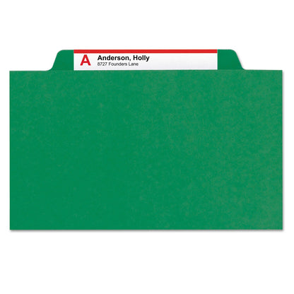 Smead Eight-Section Pressboard Top Tab Classification Folders with SafeSHIELD Fasteners, 3 Dividers, Letter Size, Green, 10/Box