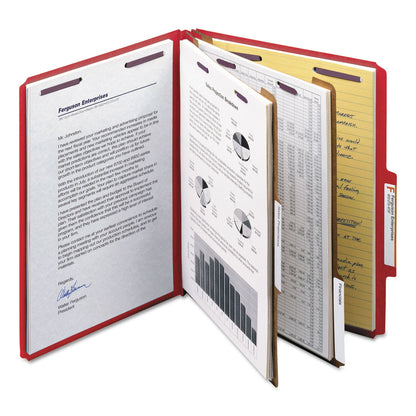 Smead Six-Section Pressboard Top Tab Classification Folders with SafeSHIELD Fasteners, 2 Dividers, Letter Size, Bright Red, 10/Box